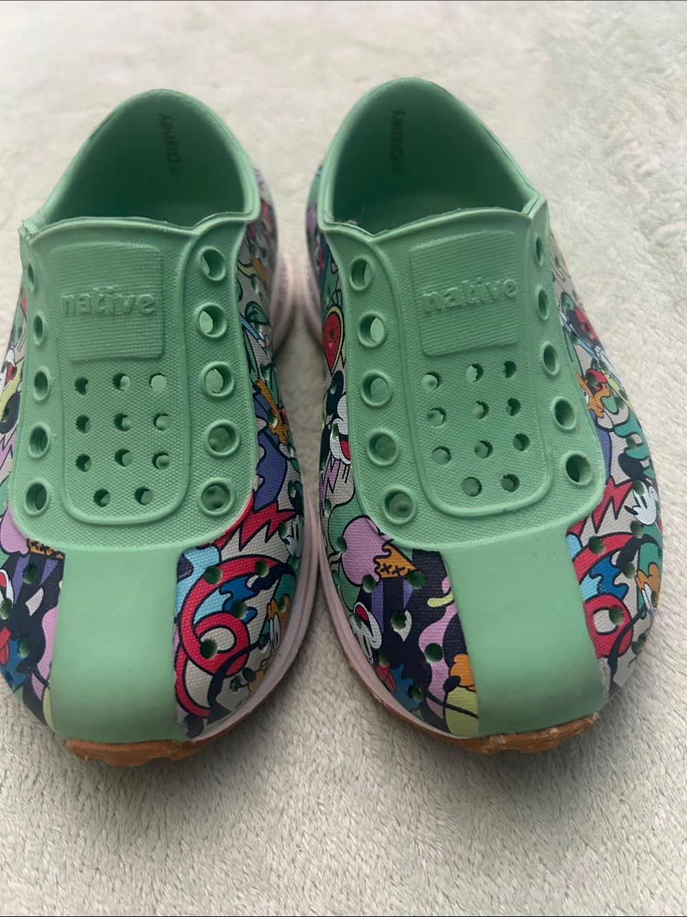 Native Disney Kids Slip-On Water Shoes in Mint Green with Multicolor Graphic